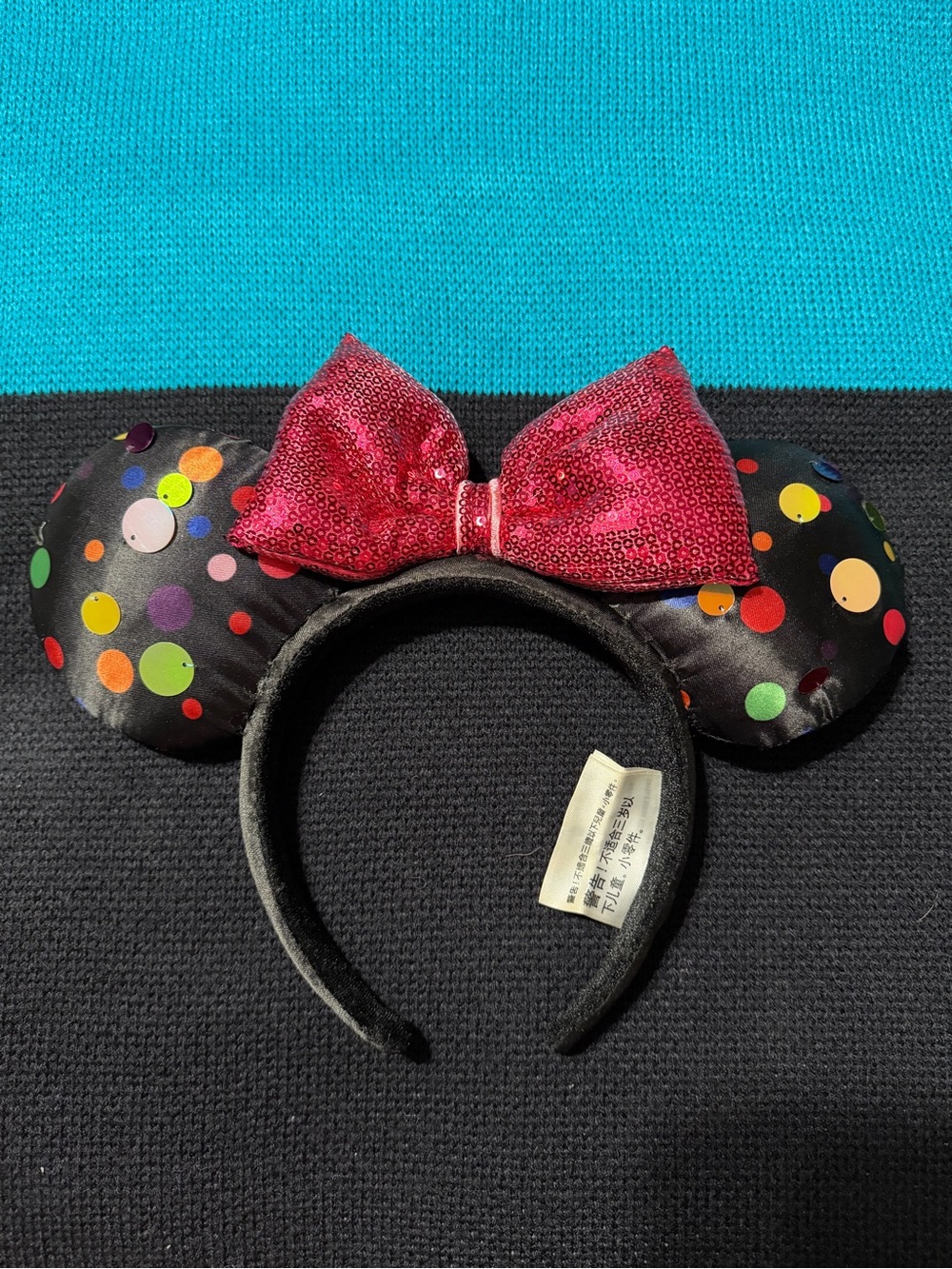 Disney Black Minnie Ears Headband with Multicolor Polka Dots and Pink Sequin Bow